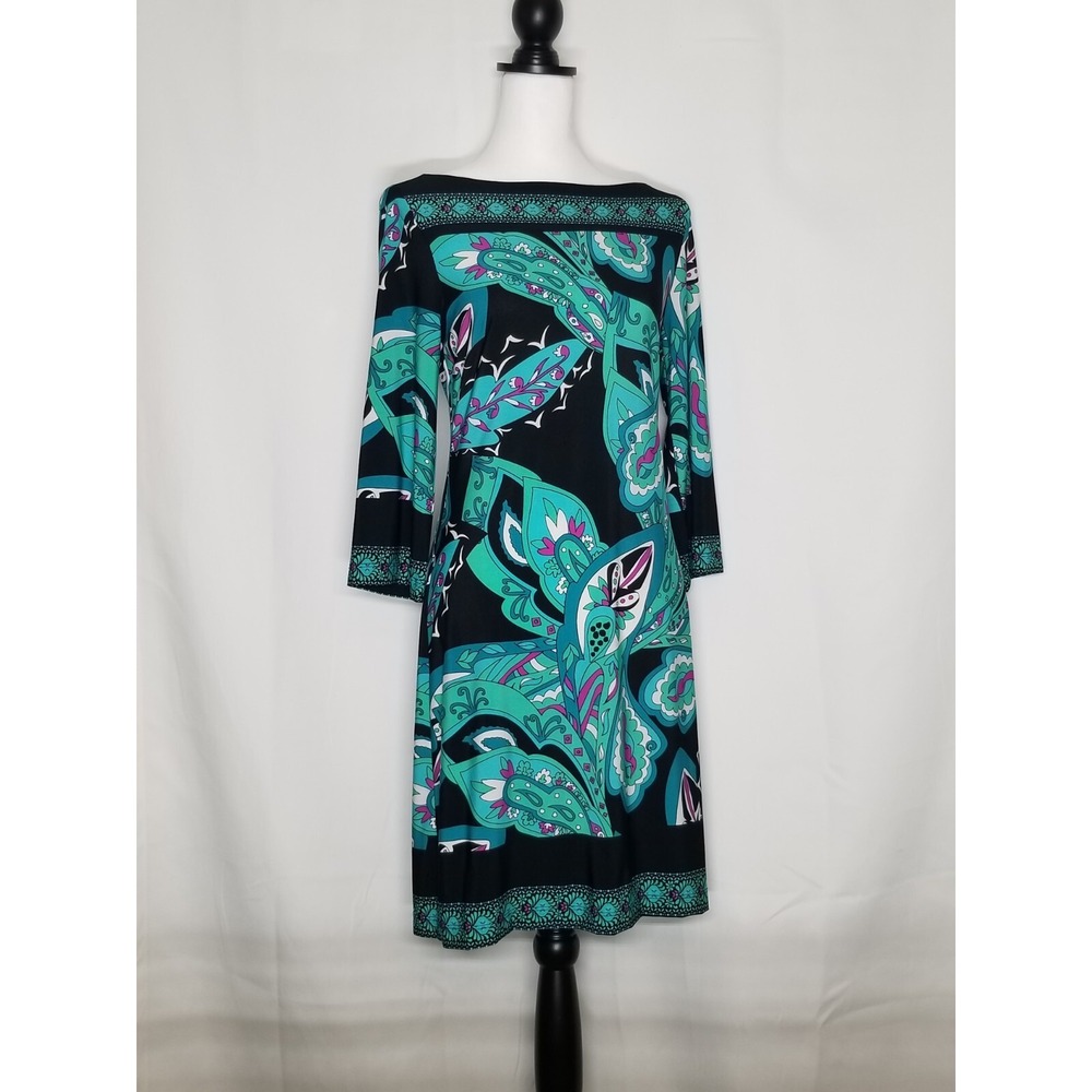 Roulette Womens Multicolor Paisley 3/4 Sleeve Dress Medium boatneck lightweight